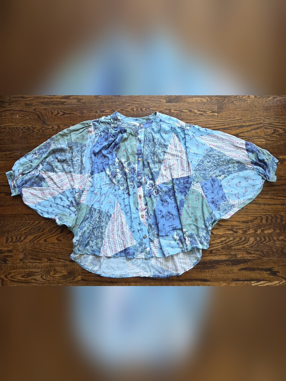 easel Patchwork Floral Button-Front Blouse - Blue, Green.